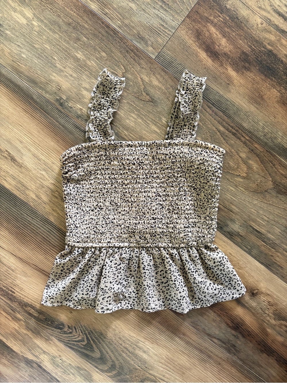 Japna Smocked Leopard-Print Peplum Tank Top in Beige and Black